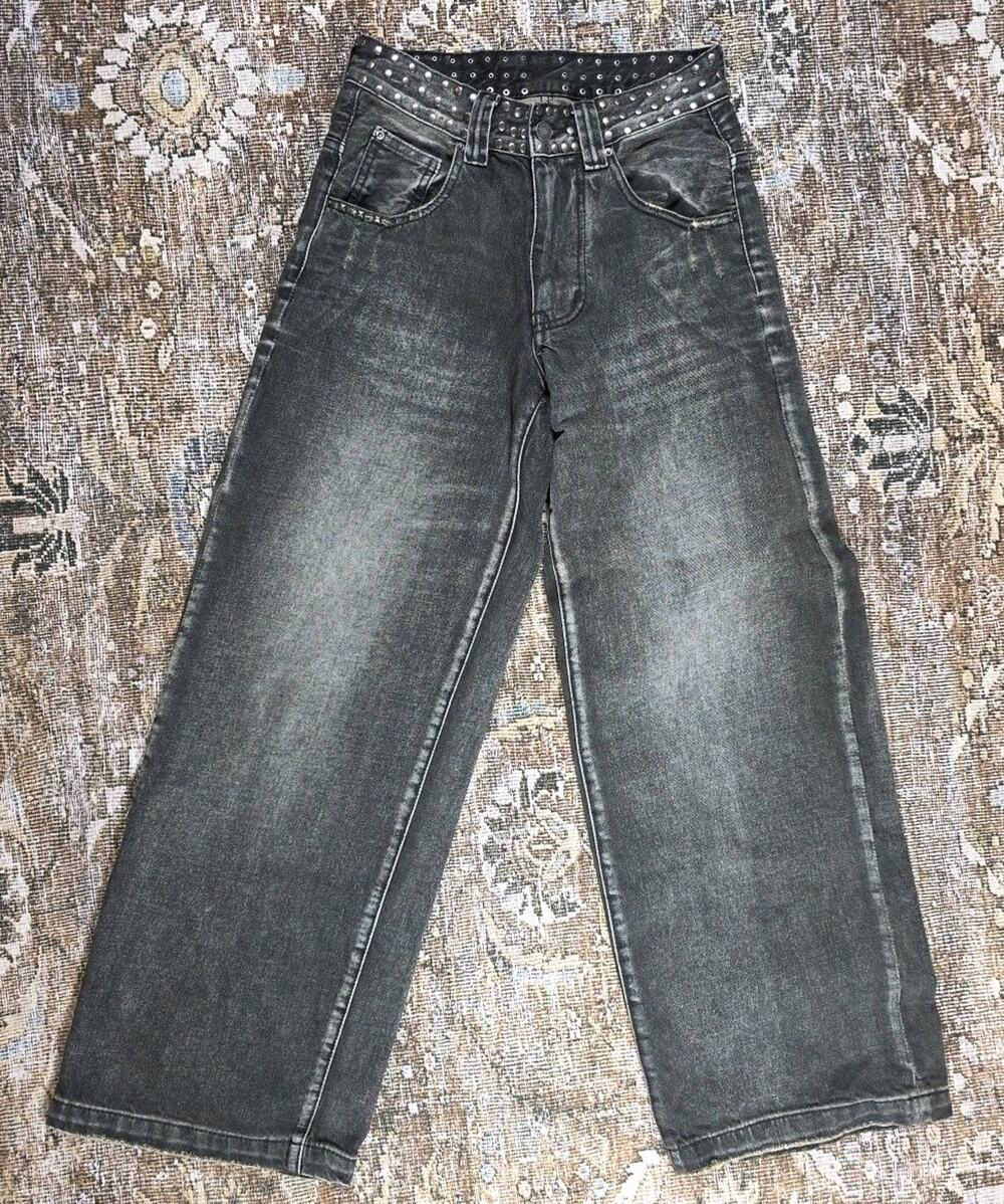 Jaded London Studded Low Rise Colossus Jeans Y2K Grunge Baggy Black Gray 26